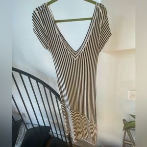 Striped white v neck dress with leg slit
